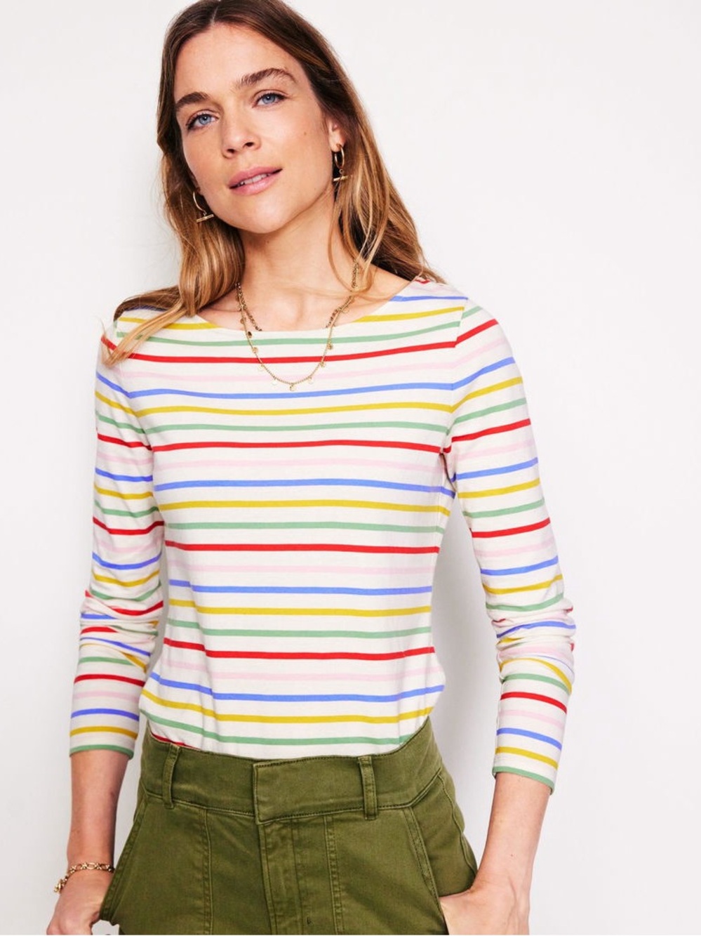 BODEN NWT Ella Breton-Soft Rainbow Long Sleeve Cotton Tshirt Top